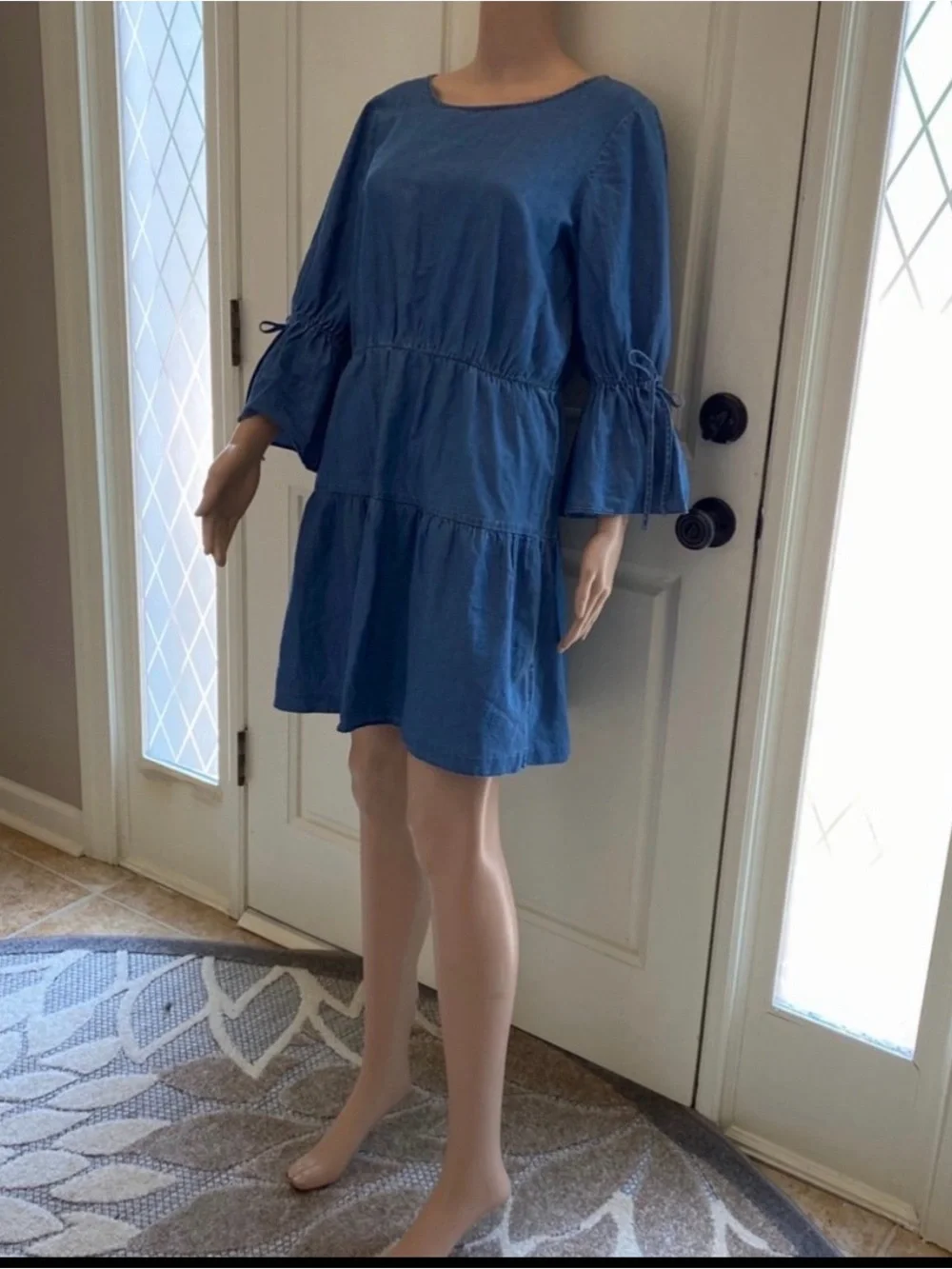 J Crew Blue Tiered Casual Dress with Tie-Sleeves
